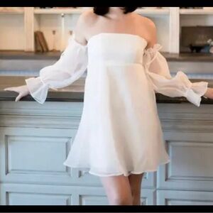 White Long Sleeve Off-Shoulder Mini Dress Celine